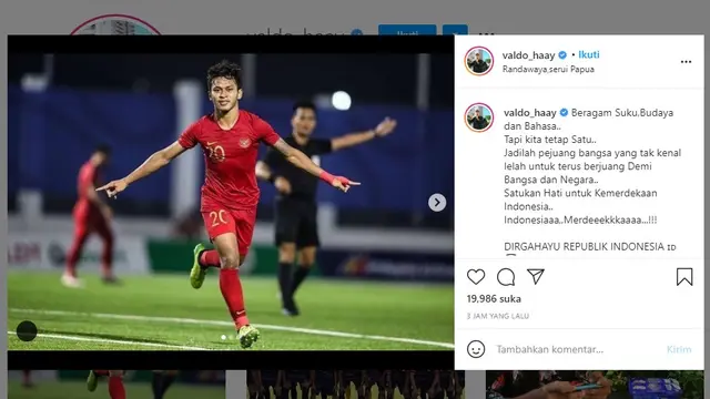 Ucapan Hari Kemerdekaan Republik Indonesia dari Osvaldo Haay (Instagram @valdo_haay)