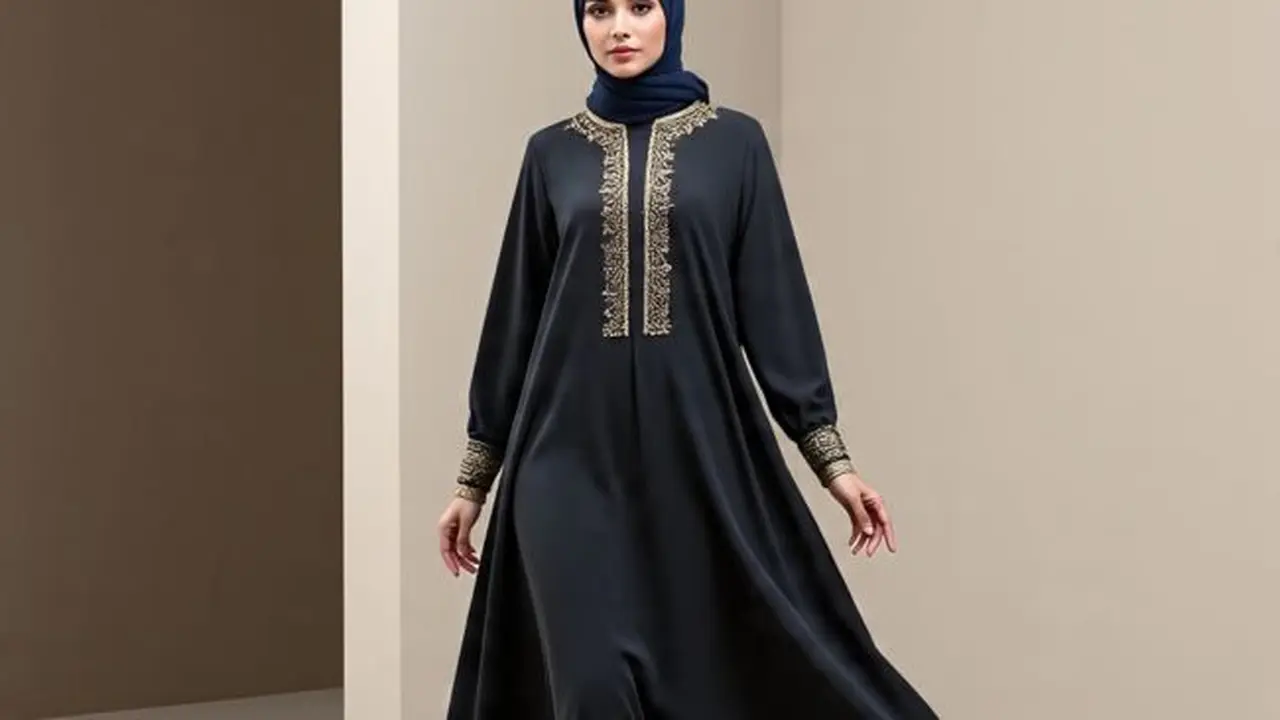 Model Gamis Hitam Bordir Emas Kombinasi Silver (Sumber: Meta AI)