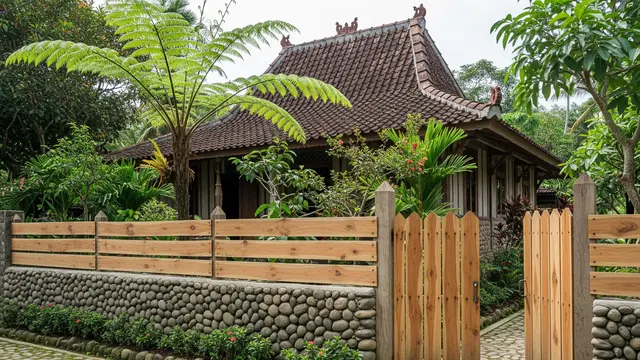 Pagar Kayu Kombinasi Batu Alam
