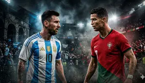 Lionel Messi, Cristiano Ronaldo, Timnas Argentina dan Timnas Portugal. (Foto by Gemini AI)