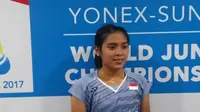 Gregoria Mariska Tunjung mengalahkan Hirari Mizui pada babak tiga Kejuaraan Dunia Junior 2017. (Liputan6.com/Switzy Sabandar)