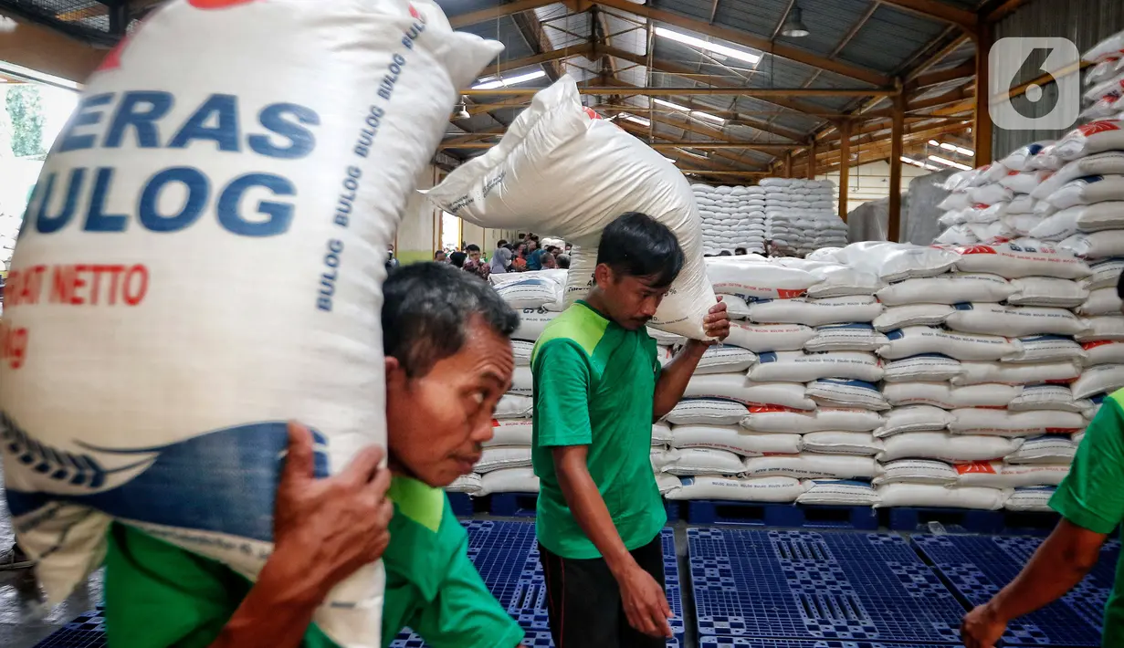 Buruh memanggul beras bulog saat aktivitas bongkar muat, di gudang PT Food Station Tjipinang Jaya, Jakarta Timur, Jumat (3/2/2023). Guna memenuhi kebutuhan beras di Pasar Induk Beras Cipinang, Bulog juga akan menambah stok beras yang saat ini ada di Food Station dari 13 ribu ton menjadi 30 ribu ton. (Liputan6.com/Angga Yuniar)