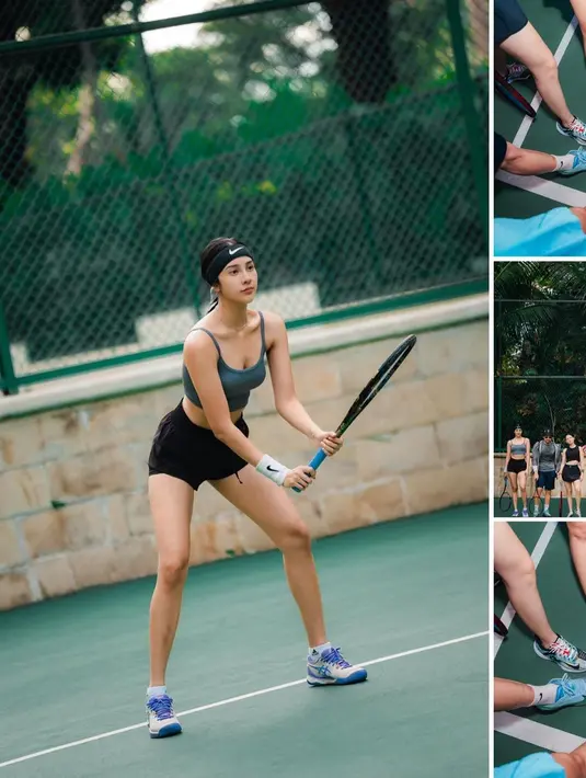 Ia padukan cropped tank top dengan celana pendek hitam dan sneakers biru putih. Lengkap dengan headband yang membantu merapikan rambutnya [@anyageraldine]