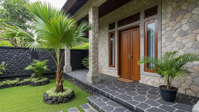 Model Teras dengan Batu Alam dan Palem Kipas untuk Rumah Type 36/AI Generated