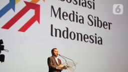 Ketua Umum AMSI Wenseslaus Manggut memberi sambutan dalam Indonesia Digital Conference (IDC) 2019 di Jakarta, Kamis (28/11/2019). IDC digagas para pengurus AMSI sebagai wadah bertukar pengalaman, gagasan, dan strategi membangun ekosistem digital untuk masa depan. (Liputan6.com/Angga Yuniar)