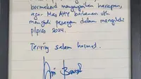 Foto surat Anies Baswedan kepada Ketum Demokrat Agus Harimurti Yudhoyono (AHY). Anies meminta AHY menjadi cawapresnya di Pilpres 2024. (Foto: Demokrat)