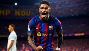 Ilustrasi Marcus Rashford dengan jersey Barcelona.&nbsp;(AP Photo/Dave Thompson/Generate AI)