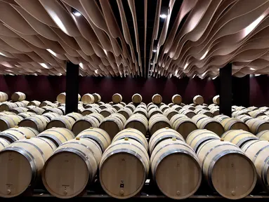 Ratusan drum anggur yang berada di gudang anggur Chateau de Beychevelle di Saint Julien de Beychevelle, Prancis (30/3). (AFP/Georges Gobet)