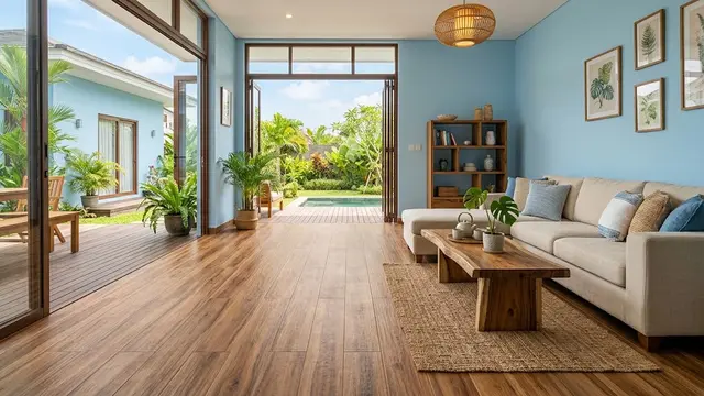 Cat Warna Biru Muda dan Lantai Motif Kayu/AI Generated