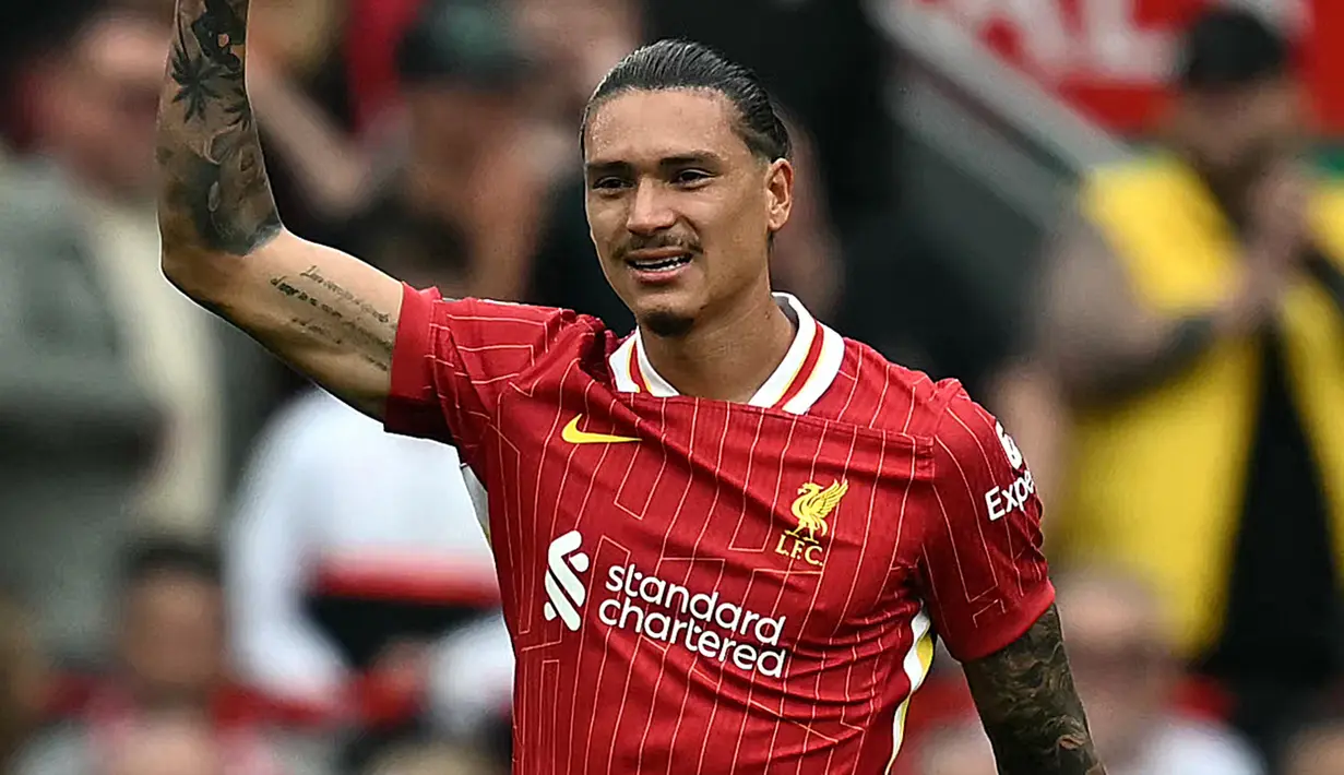 Selebrasi Darwin Nunez usai mencetak gol kemenangan Liverpool saat menjamu Bournemouth pada pekan kelima Liga Inggris, Sabtu (21/9/2024). ( AFP/Paul Ellis)