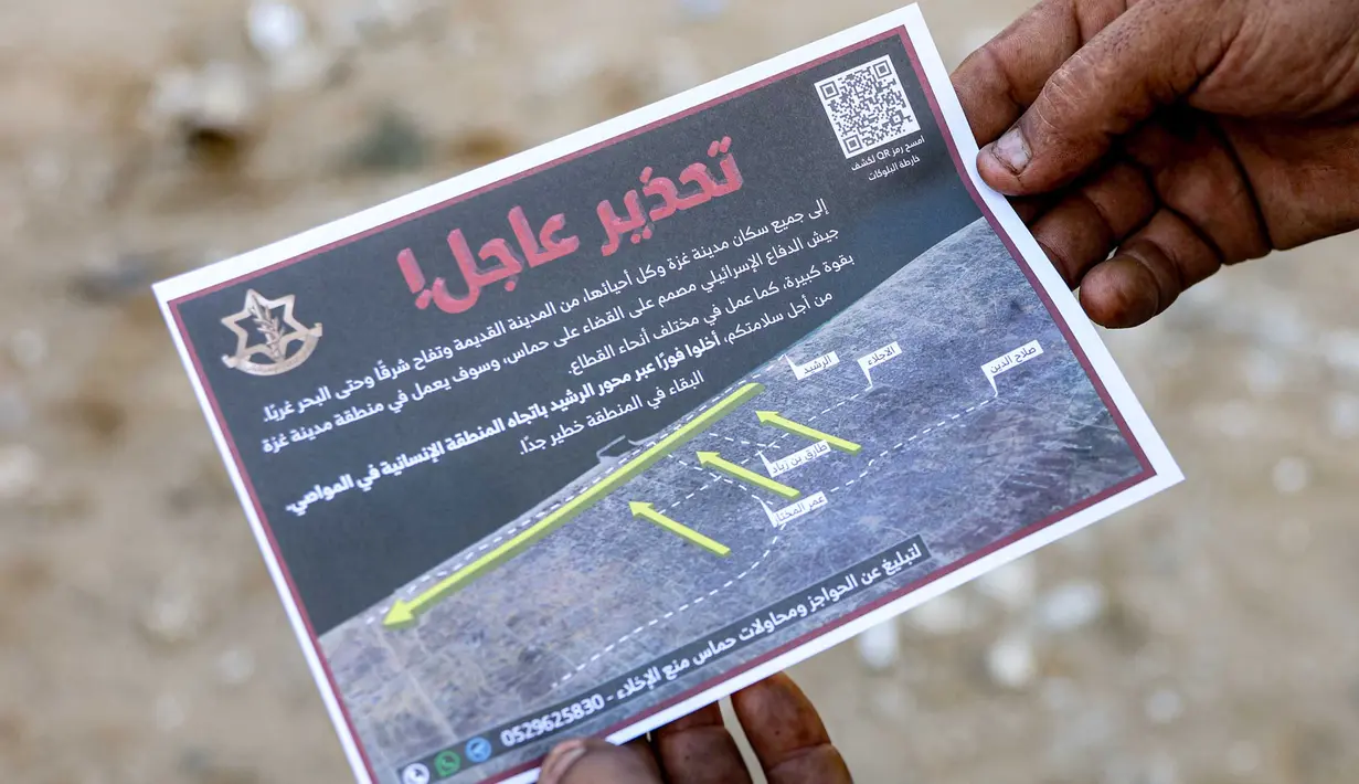 Perserikatan Bangsa Bangsa (PBB) memperkirakan terdapat sekitar satu juta orang di dalam dan sekitar Kota Gaza, dan memperingatkan akan datangnya bencana jika militer Israel melanjutkan rencananya untuk merebut kota tersebut. (Omar AL-QATTAA/AFP)