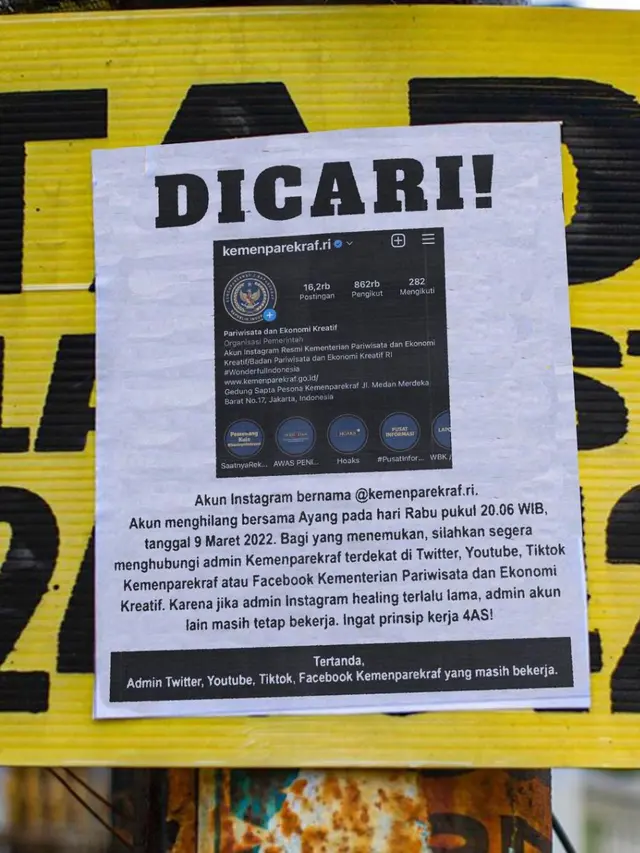 Akun Instagram Kemenparekraf Menghilang, Diduga Ulah Hacker