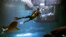 Seorang penyelam mengambil gambar pengunjung yang tengah melihat kawanan hiu dari sebuah kamar saat menginap di hotel bawah air Aquarium of Paris, Prancis, 14 Maret 2016. (REUTERS/Charles Platiau)