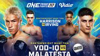 Dapatkan link streaming ONE Championship: ONE Friday Fights 117 di Vidio. Saksikan pertarungan seni beladiri kelas dunia dalam peraturan Muay Thai, Kickboxing, dan MMA pada acara ONE Championship: ONE Friday Fights 117 hanya di layanan OTT Vidio. (sum. doc. vidio.com)