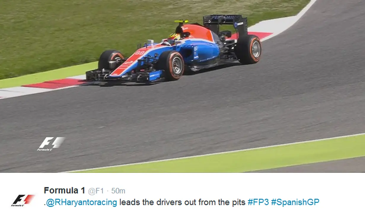 Rio Haryanto menjadi pebalap pertama yang memulai latihan bebas ketiga F1 GP Spanyol di Sirkuit Catalunya, Spanyol, Sabtu (14/5/2016). (Bola.com/Twitter/F1)