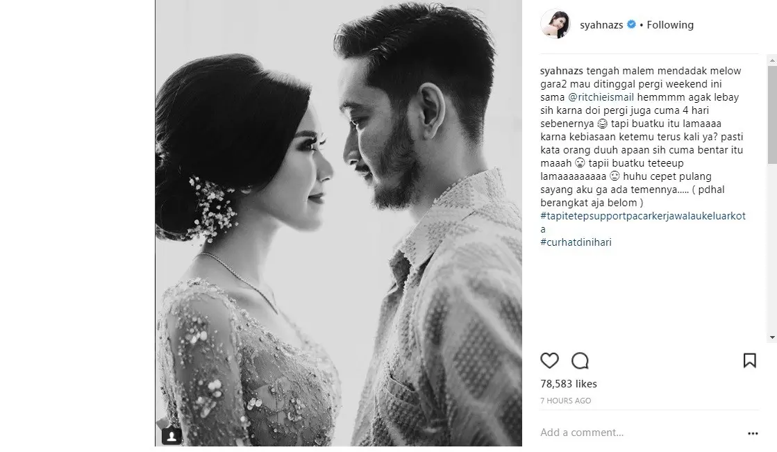 Belum juga ditinggal, Syahnaz Sadiqah ungkap rindu pada sang kekasih  (Foto: Instagram)