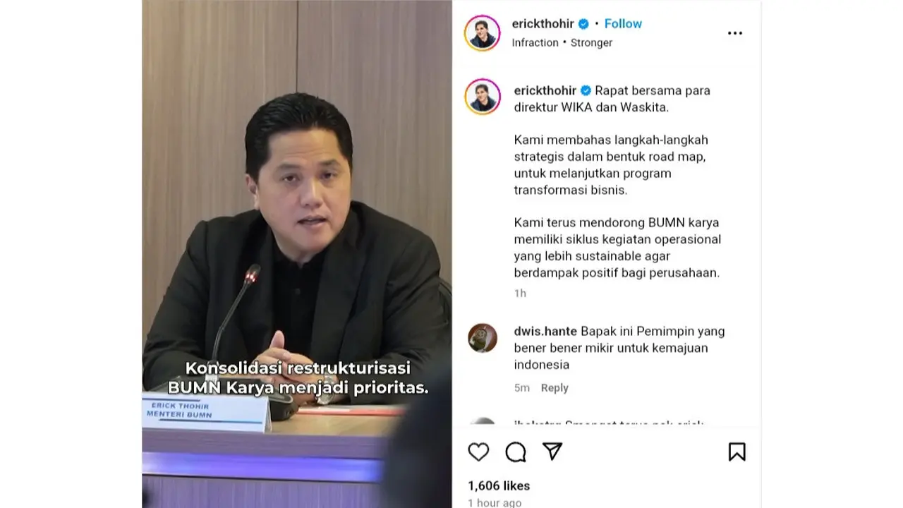Unggahan instagram Menteri BUMN Erick Thohir melalui akun @erickthohir, Rabu (3/1/2024).