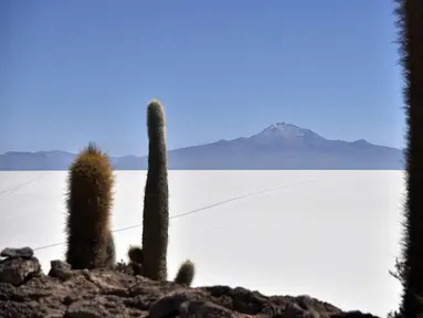 Pemandangan Salar de Uyuni, dataran garam terluas di dunia yang terletak di Altiplano, barat daya Bolivia pada 28 September 2019. Dataran yang memiliki sebutan lain Salar de Tunupa ini  memiliki luas 10.582 km2. (Photo by Aizar RALDES / AFP)
