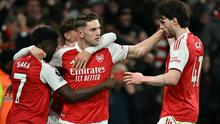 Arsenal berhasil meraih kemenangan 2-0 atas Everton pada laga pekan ke-30 Premier League di Stadion Emirates, Minggu (15/03/2026) dini hari WIB. Satu dari dua gol The Gunners dicetak Viktor Gyokeres pada menit ke-89. (AFP/Ben STANSALL)
