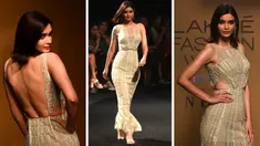 Foto kolase aktris Bollywood Diana Penty saat mengenakan kreasi desainer Pallavi Mohan pada hari pertama FDCI x Lakme Fashion Week di Mumbai pada 12 Oktober 2022. (AFP/Punit Paranjpe)