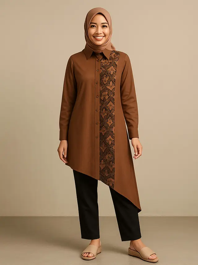 Model Tunik Batik Kombinasi Kain Polos Untuk Kerja/Ilustrasi Gambar AI