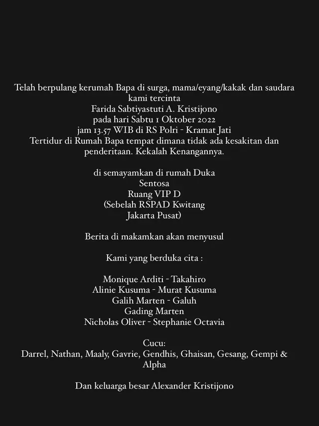 Farida Sabtijastuti, Ibunda Gading Marten Meninggal Dunia