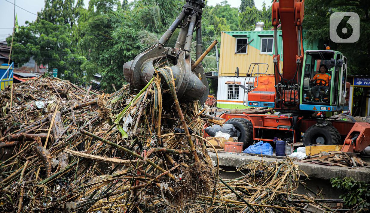 Petugas Dinas Kebersihan DKI Jakarta menggunakan alat berat untuk membersihkan sampah di Pintu Air Manggarai, Jakarta, Senin (10/10/2022). Hujan lebat yang mengguyur wilayah Bogor dan sekitarnya menyebabkan debit air Sungai Ciliwung meningkat dan menghanyutkan sampah ke Pintu Air Manggarai. (Liputan6.com/Faizal Fanani)