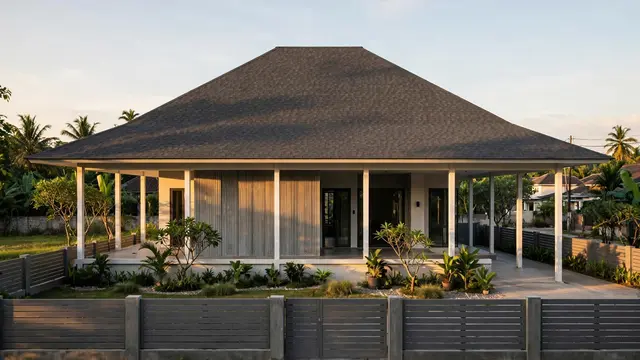 Ilustrasi rumah dengan teras rumah dan tritisan serta menghadap barat (Generated with AI)