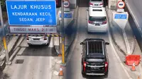 Sejumlah pengguna jasa tol saat melakukan transaksi pembayaran di gerbang tol Karang Tengah, Tangerang, Selasa (24/11/2020). Kementerian PUPR segera menerapkan teknologi transaksi pembayaran tol non-tunai tanpa sentuh (nir-sentuh) atau multi-lane free flow (MLFF). (Liputan6.com/Angga Yuniar)