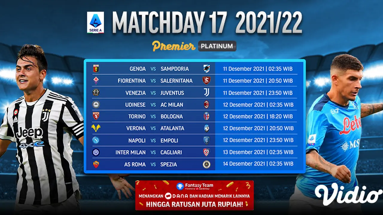 Link Live Streaming Liga Italia 2021/2022 Matchday 17 di Vidio