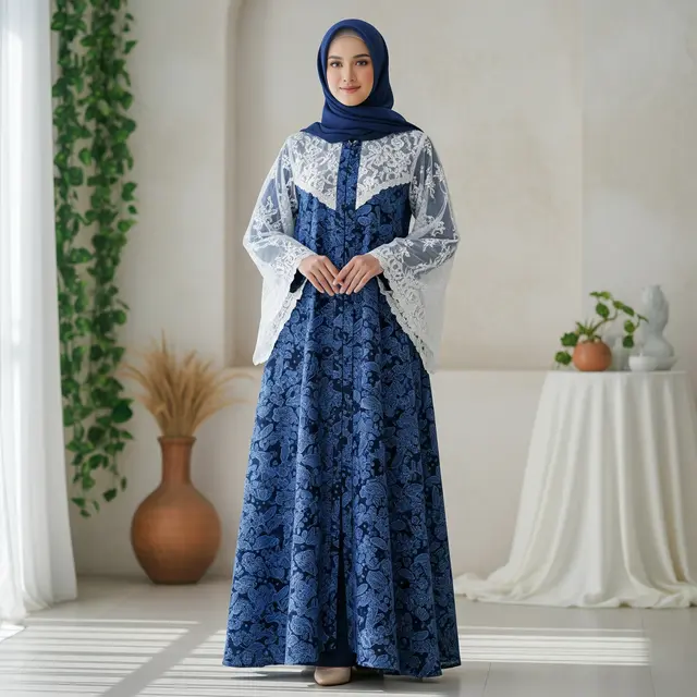 9 Gamis Batik Kombinasi Brokat Lengan Panjang Elegan, Tren Busana Muslimah 2025