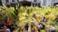 Para umat Kristiani mengacungkan daun palem mereka selama upacara pemberkatan di luar Katedral Antipolo, kota Antipolo, provinsi Rizal, Filipina, saat memperingati Minggu Palma, 29 Maret 2026. (AP Photo/Aaron Favila)