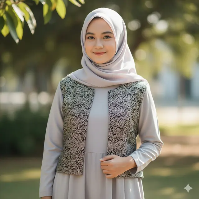 Gamis Polos dengan Outer Vest Brokat