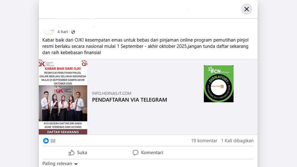 Cek Fakta: Hoaks Link Pendaftaran Pemutihan Pinjol pada September-Oktober 2025 dari OJK