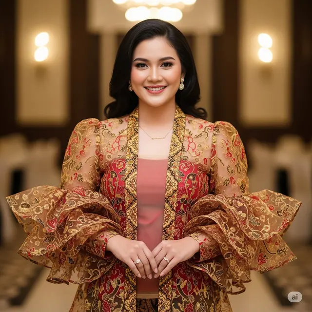 Outer Batik Transparan Brokat dengan Lengan Ruffle Panjang