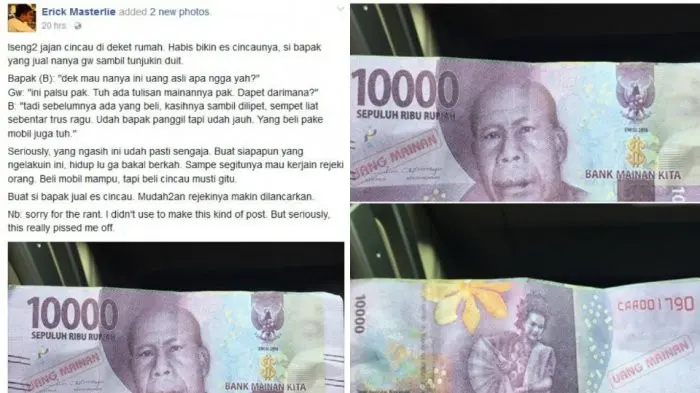 Uang palsu yang diberikan kepada kakek penjual es cincau. | Sumber Foto: Facebook.com/Erick Masterlie