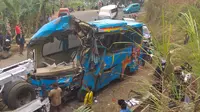 bus B 7056 SGA yang terjun ke jurang di Cikidang, Kabupaten Sukabumi, Jawa Barat. (Liputan6.com/Mulvi Mohammad)