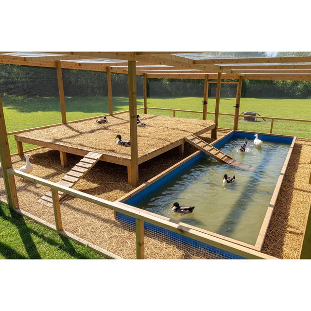 Ide Kandang Bebek dengan Area Kering dan Tempat Berendam (AI Generated)