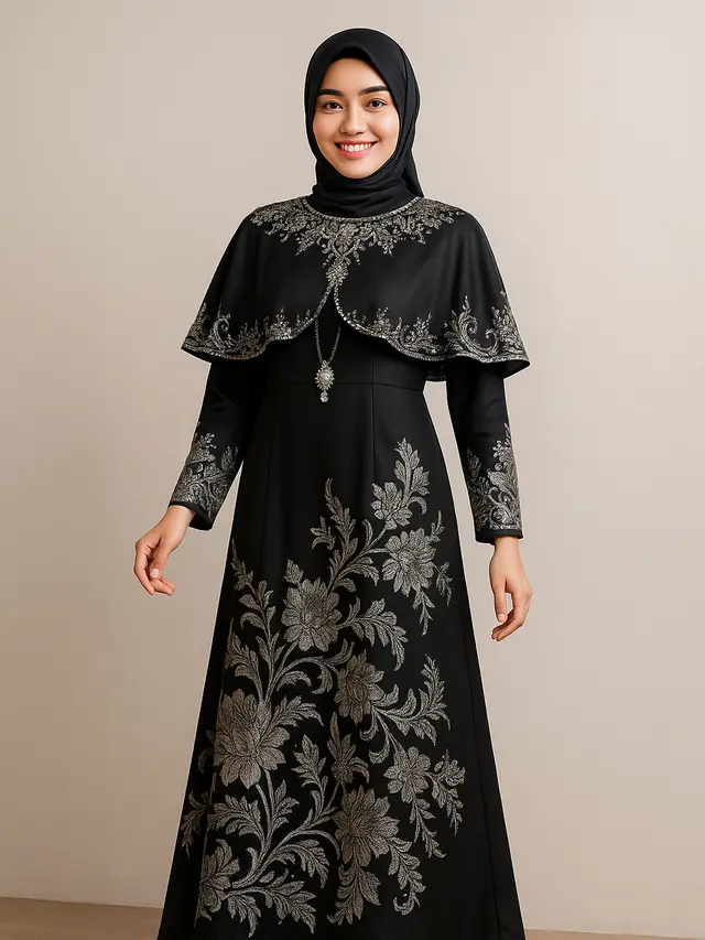 Model Gamis Batik Kombinasi Hitam Polos dan Silver/Ilustrasi AI