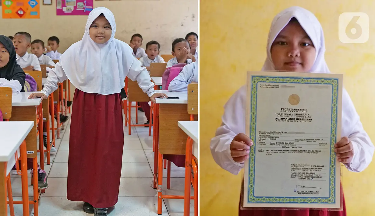 Anisa Azzahra Feni (8) menunjukkan akta kelahiran saat dijumpai di Cikarang, Jawa Barat. Anisa merasa lahir di tanggal 29 Februari unik dan beda dengan yang lain. (Liputan6.com/Herman Zakharia)