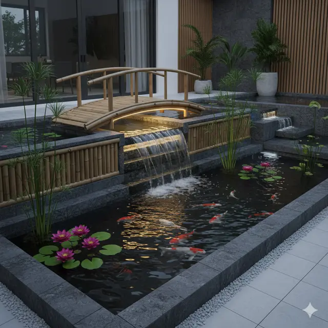 Model Kolam Ikan dengan Jembatan Bambu Mini di Teras Rumah
