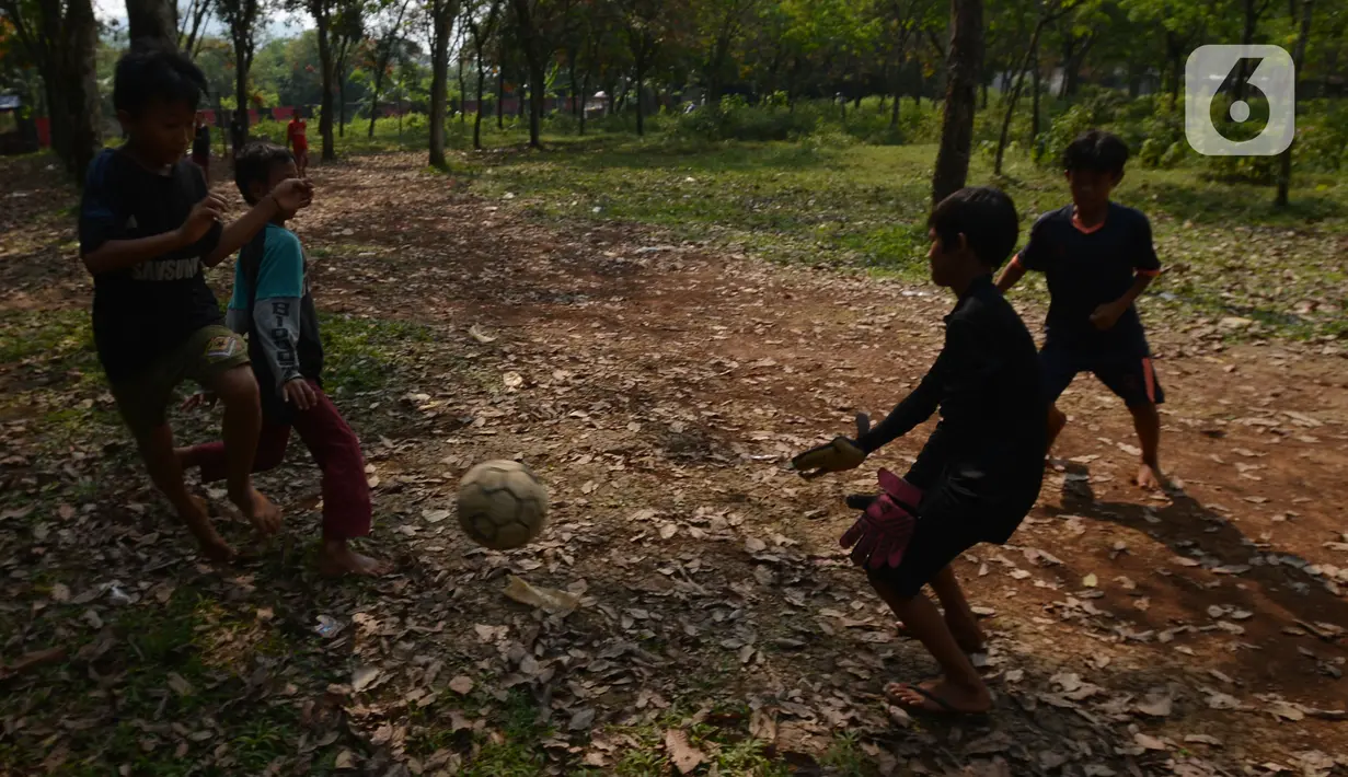 Anak-anak bermain sepak bola di lahan kebun Karet desa Cibodas, Bogor, Jawa Barat Sabtu (4/9/2021). Meskipun lapangan sepak bola seadanya berada di lahan Kebun karet, anak-anak bermain dengan semangat berlatih dan sering ikut turnamen antar kampung. (merdeka.com/Imam Buhori)