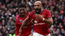 Manchester United akhirnya memecah kebuntuan pada menit ke-65 melalui gol Bryan Mbeumo. Pemain Timnas Kamerun tersebut berhasil menceploskan bola ke gawang Man City setelah sukses melalui skema serangan balik. (AFP/Darren Staples)