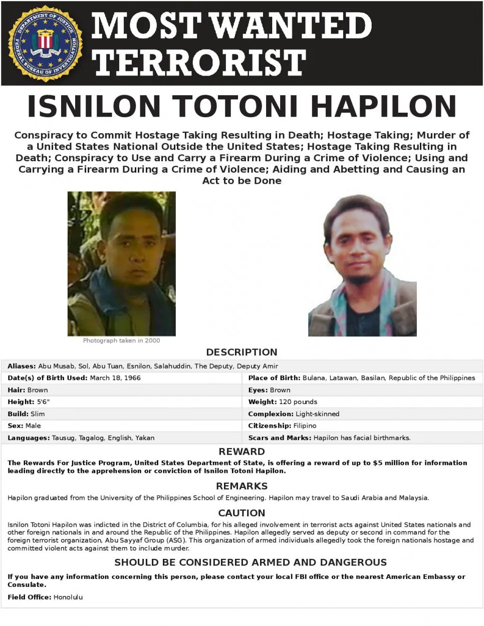 Isnilon Hapilon Buronan Nomor Satu AS dan Filipina (Foto:FBI)