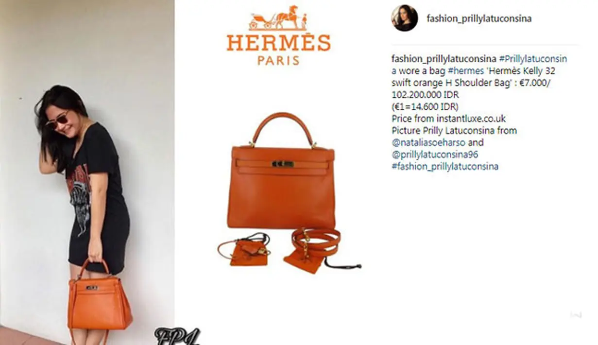 Koleksi tas Prilly Latuconsina ini bermerek Hermes. Tas warna coklat ini berharga fantastis yaitu Rp 102 juta. (Foto: instagram.com/fashion_prillylatuconsina)