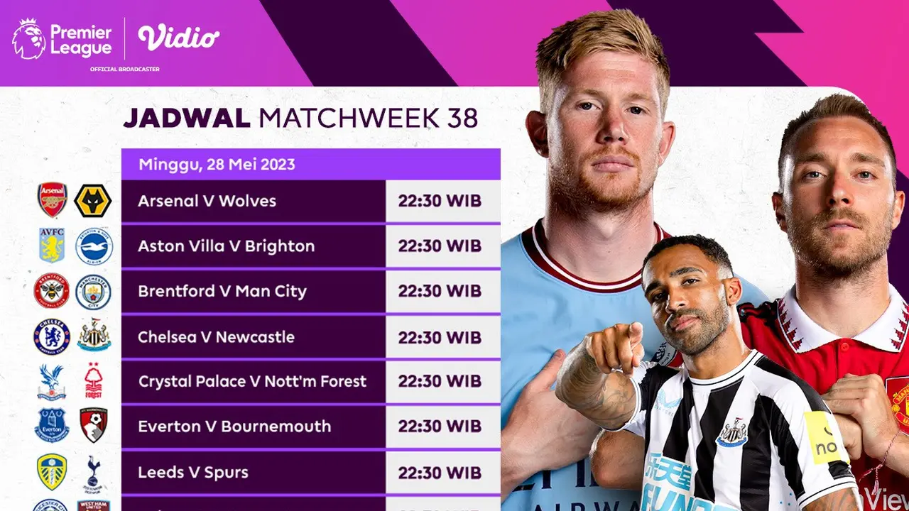 Daftar Pertandingan Liga Inggris 2022/2023 Matchweek 38 di Vidio, 28 Mei 2023