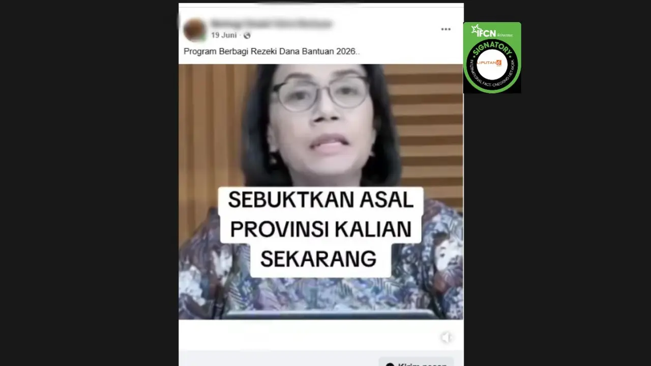 Cek Fakta Liputan6.com mendapati klaim video mantan Menkeu Sri Mulyani mengumumkan program berbagi rezeki.