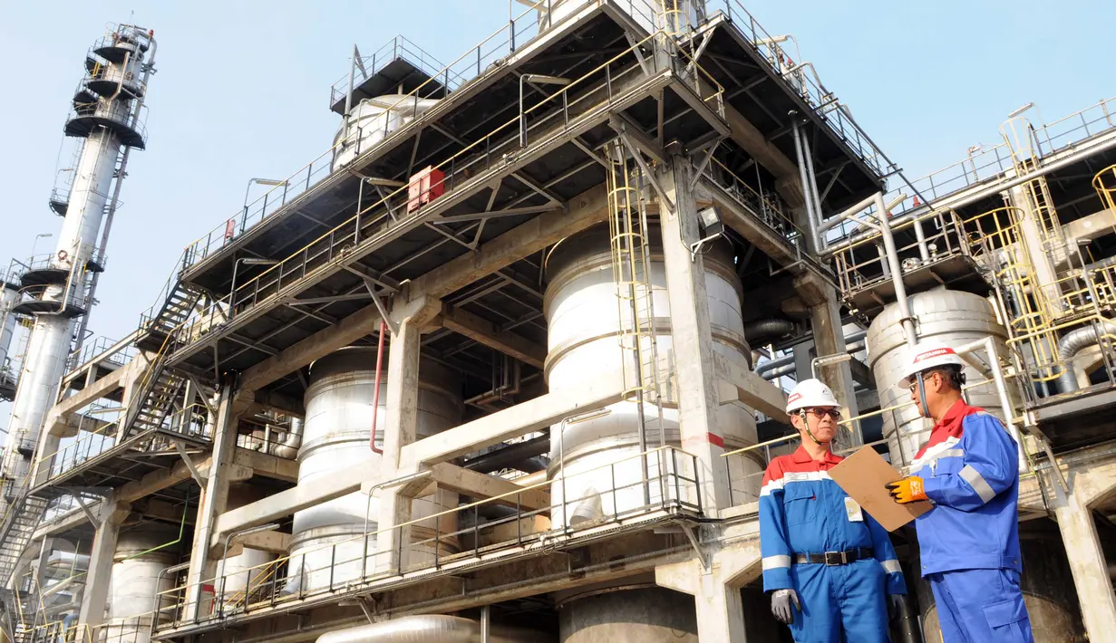 Direktur Pengolahan PT. Pertamina (Persero) Rachmad Hardadi (kanan) berbincang dengan General Manager PT. Pertamina (Persero) RU VI Balongan Yulian Dekri disela inspeksi operasi RU VI Balongan di Indramayu, Jabar, Kamis (14/1). (Liputan6.com/Helmi Afandi)