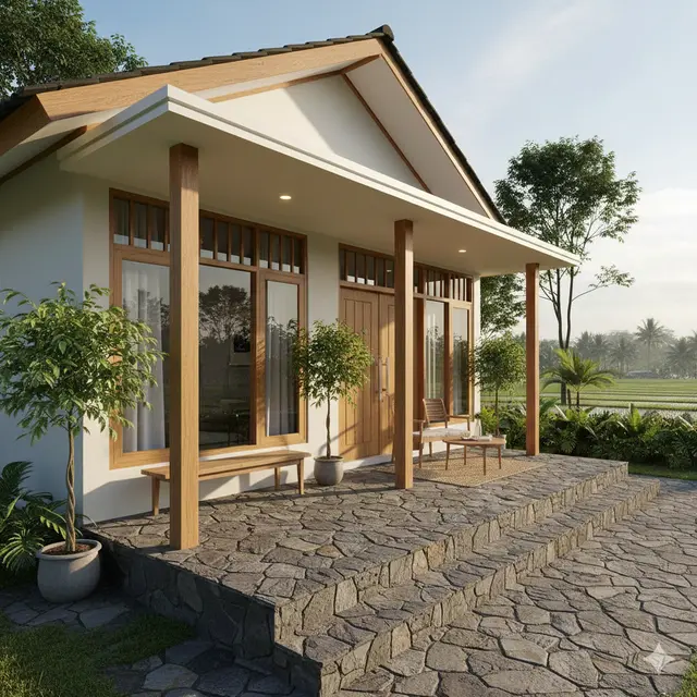 Model Rumah Japandi dengan Teras Mini dan Ketapang Kencana (Foto: Gemini AI)