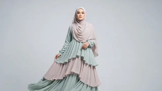 Gamis Ruffle Bertingkat dengan Ventilasi Ruffle Dalam